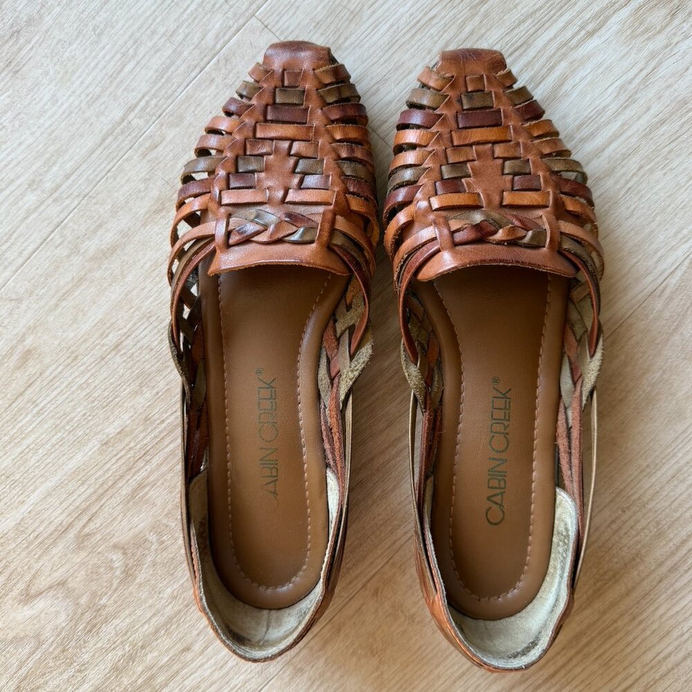 Vintage Cabin Creek Leather Huarache Sandals Women’s 7.5 Tri Color Woven Slip On